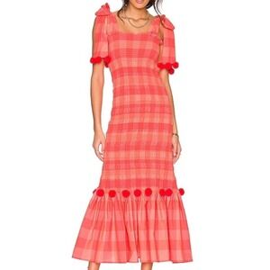 Revolve Sundress Piper Big Gingham Coral Pink Smocked Pom Pom Maxi Dress XS/S‎